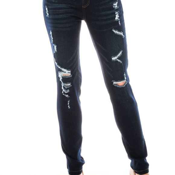 Distressed Pull On Denim Jeggings - Picture 1 of 8